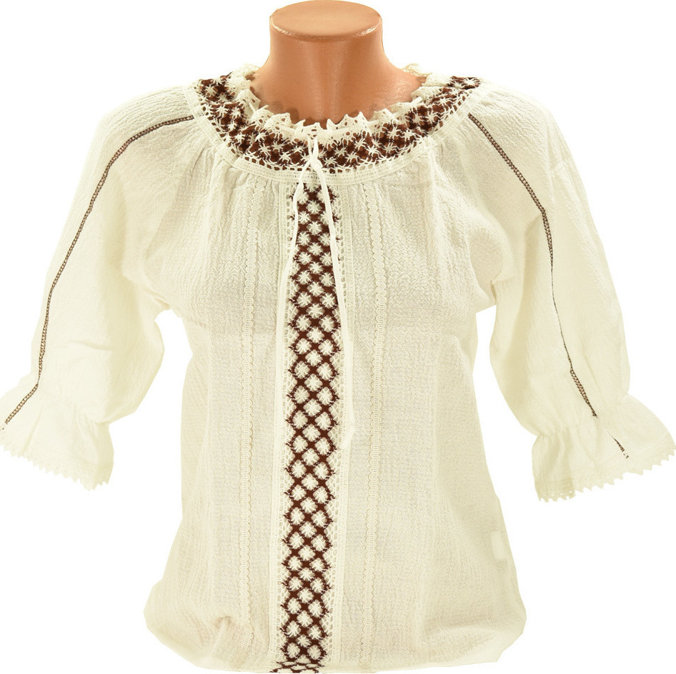 Costume Populare Romanesti - Ie traditionala alb/maro, marime 38, Carnaval24