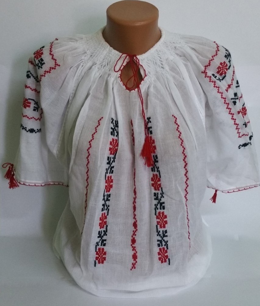 Costume Populare Romanesti - Ie romaneasca cu maneca scurta, marime universala, Alb/Rosu, Carnaval24