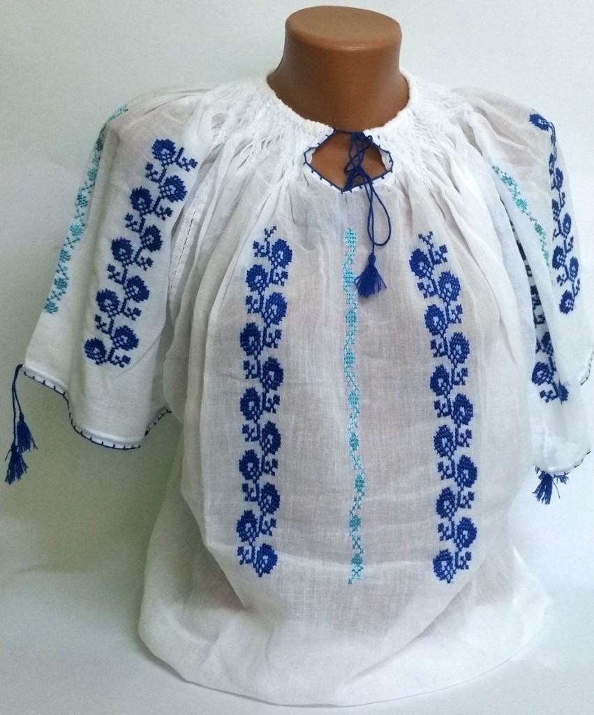 Costume Populare Romanesti - Ie traditionala din bumbac cu motive florale, Alb/Albastru, Carnaval24